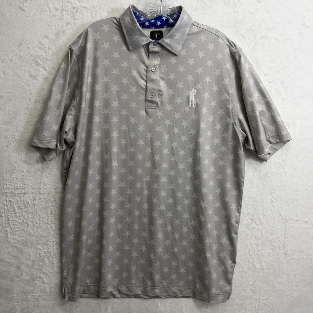 U Suck At Golf Mens L Gray White Star Print Patriotic Performance Golf Polo